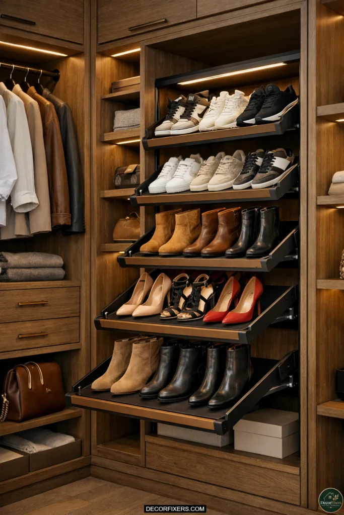 Wardrobe with dedicated shoe storage shelves and pull-out racks.