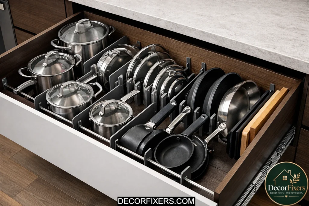 Deep drawer organizer separating pots and pans inside kitchen drawers