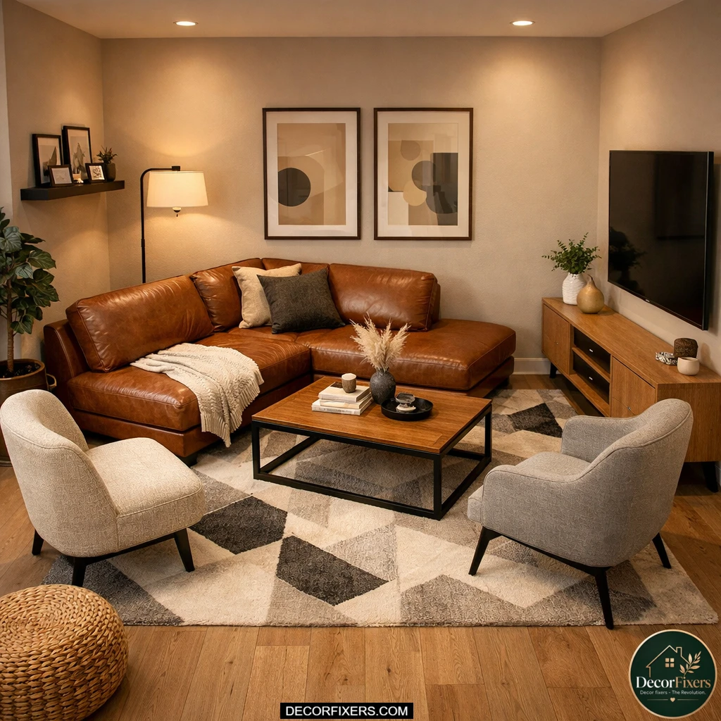 Brown leather sofa bed placed diagonally inside a square modern living room.