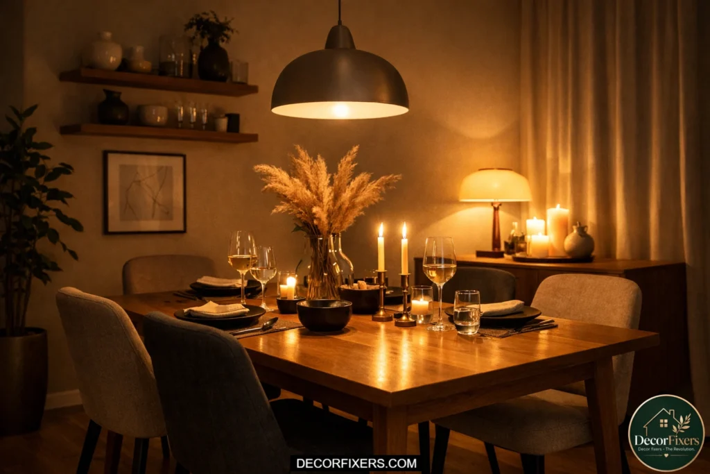 Warm dimmable lighting creating cozy small dining room atmosphere