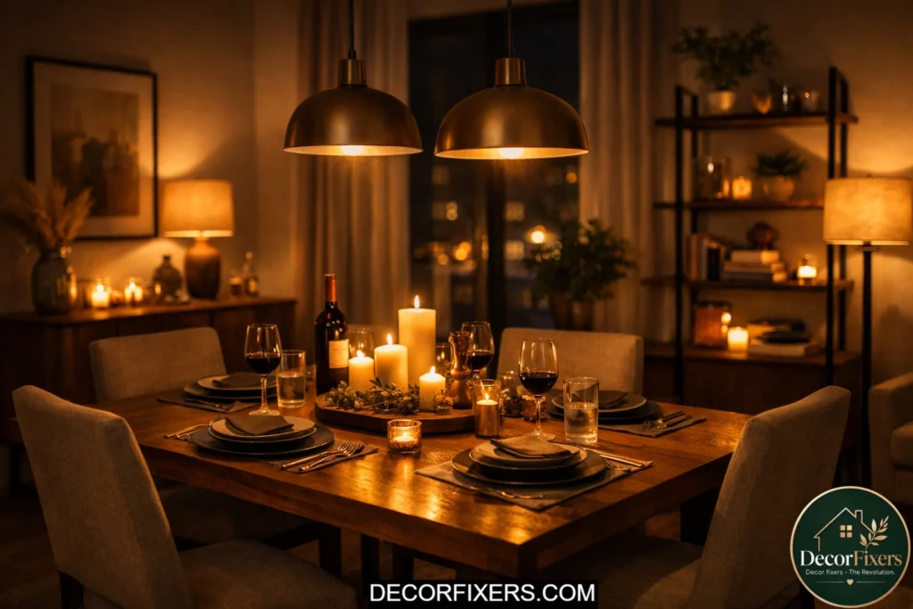Warm dim lighting creating cozy ambiance in dining room