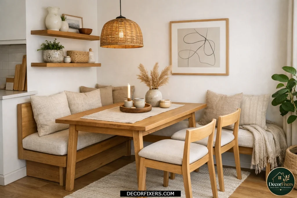 Tiny dining room using a bench seat to maximize seating and save space.