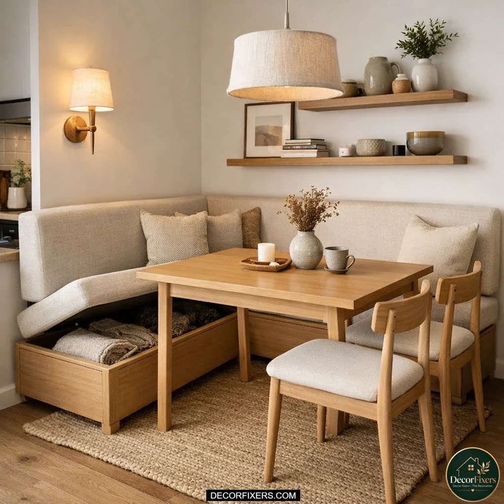 Small dining nook with storage bench seating and modern table