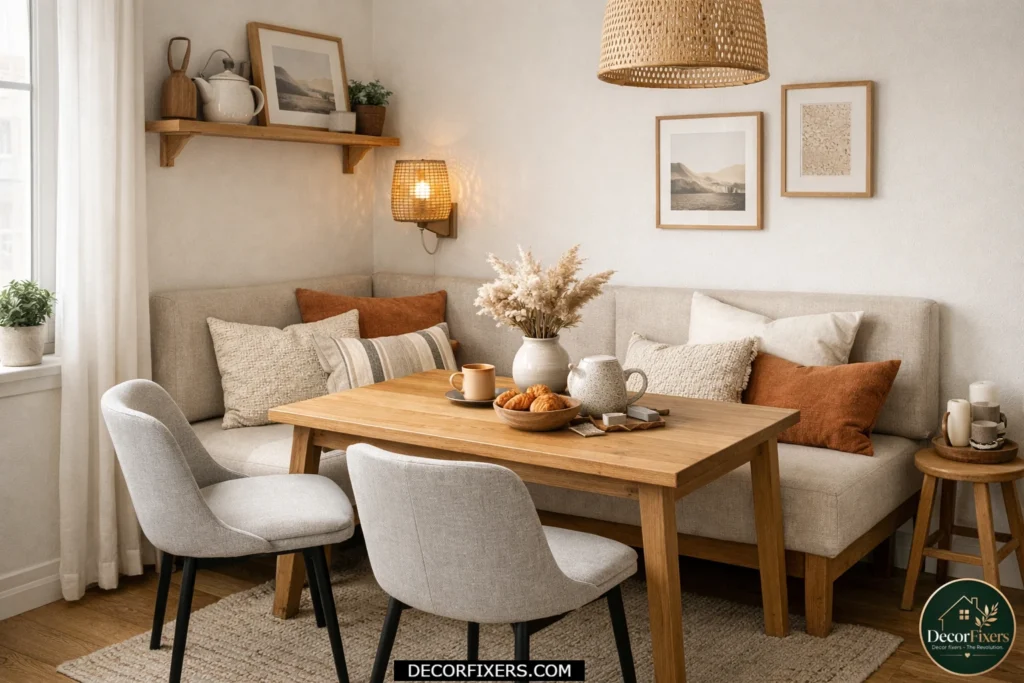 Small dining room using a bench instead of chairs to save space and improve flow.