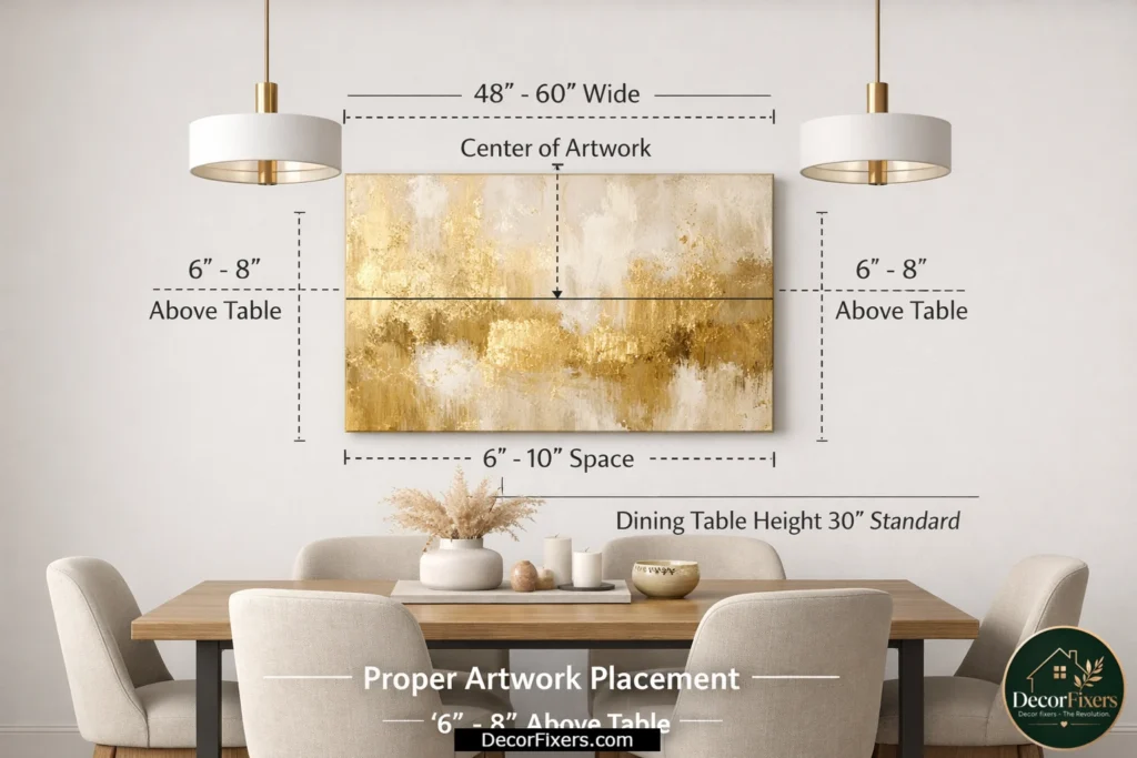 Proper hanging height for gold abstract canvas art above a dining room table