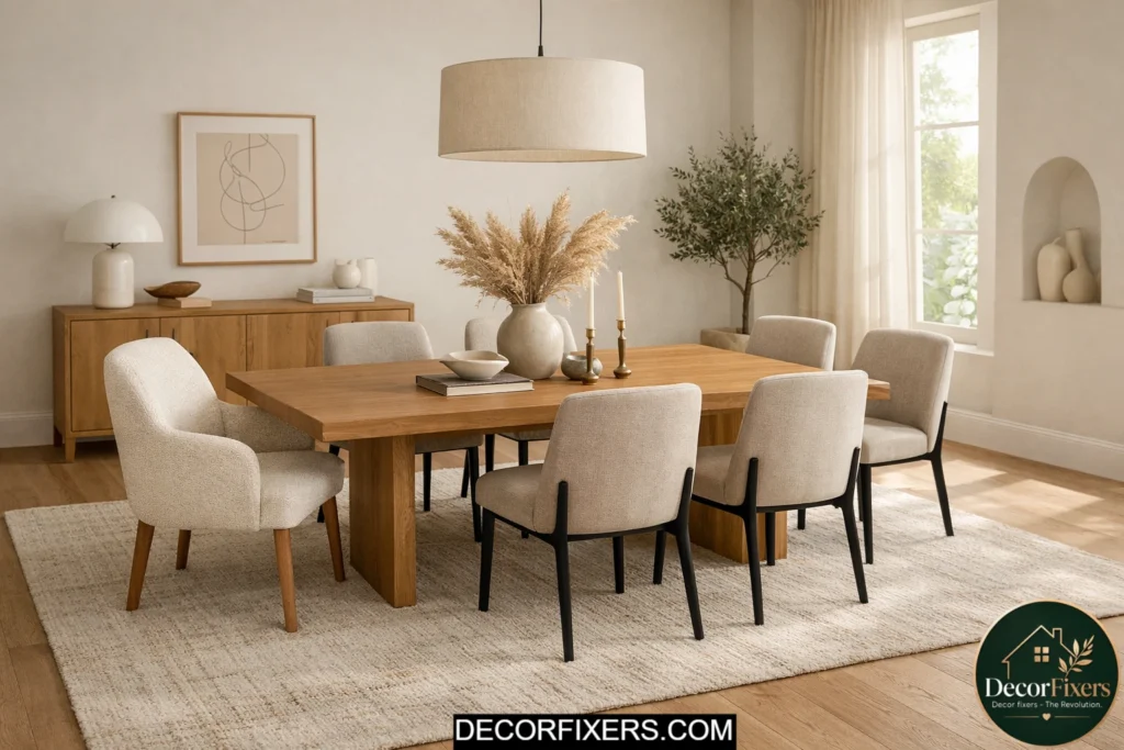 Dining room rug anchoring a modern dining table setup