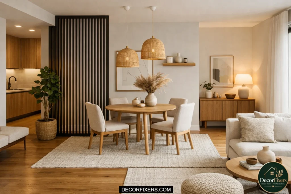 Small dining area defined with large neutral rug in apartment
