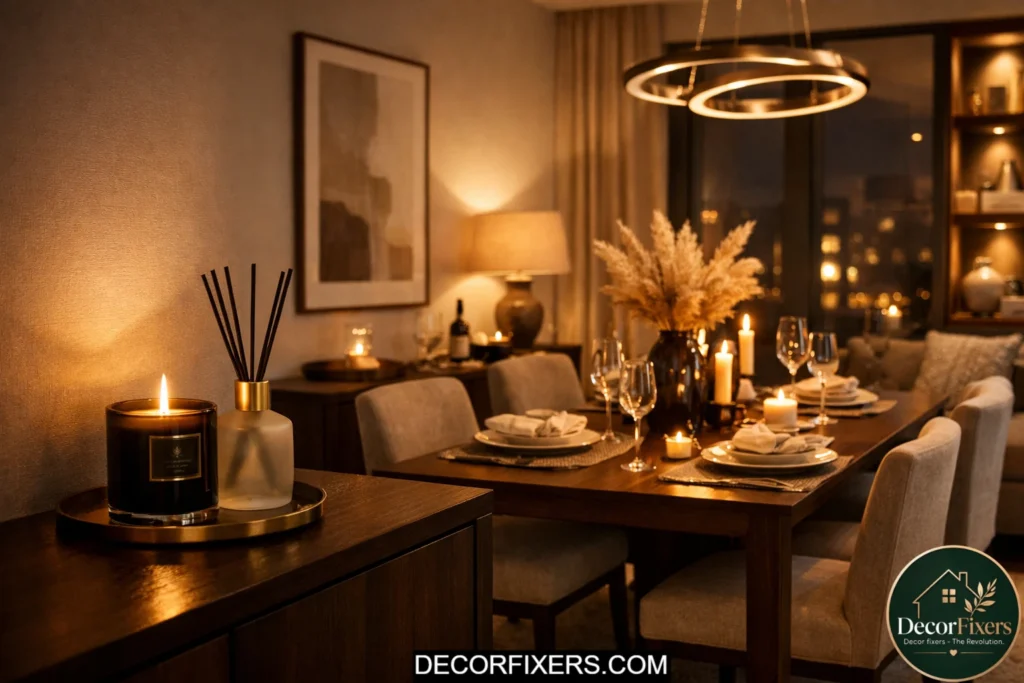 Cozy dining room with luxury candle and diffuser styling