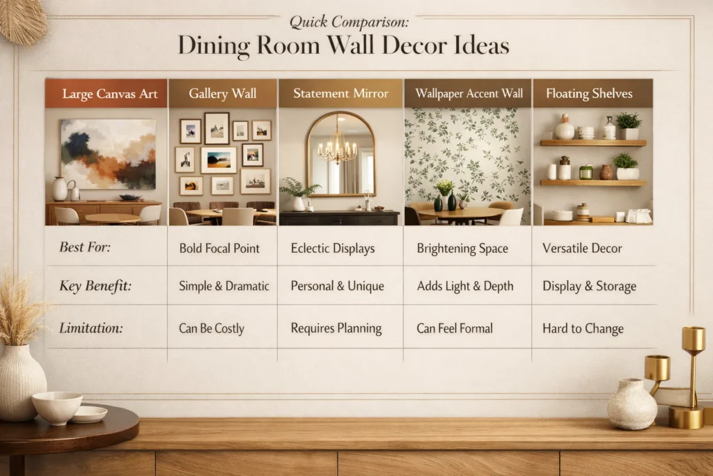 Comparison table presenting floating shelves styled with ceramics and plants in dining room