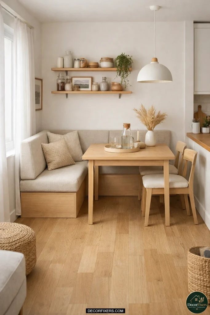 Dining table against wall with bench seating in tiny apartment