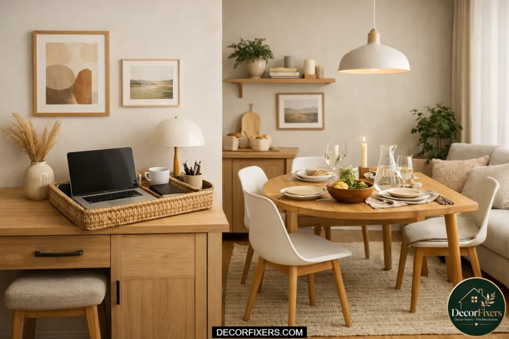Dining table doubling as organized home office in small apartment