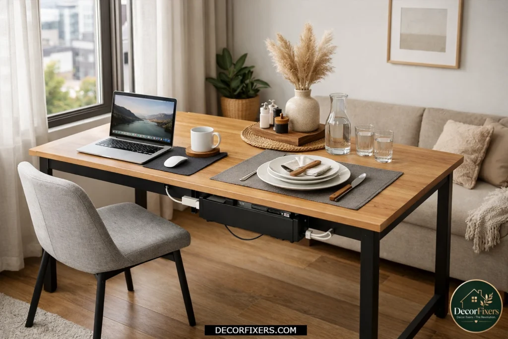 Dining table used as both a workspace and dining area in a small apartment.