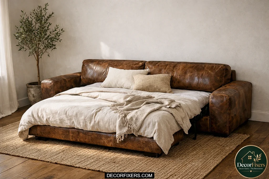 Distressed brown leather sofa bed in a minimalist apartment with warm rustic styling.
