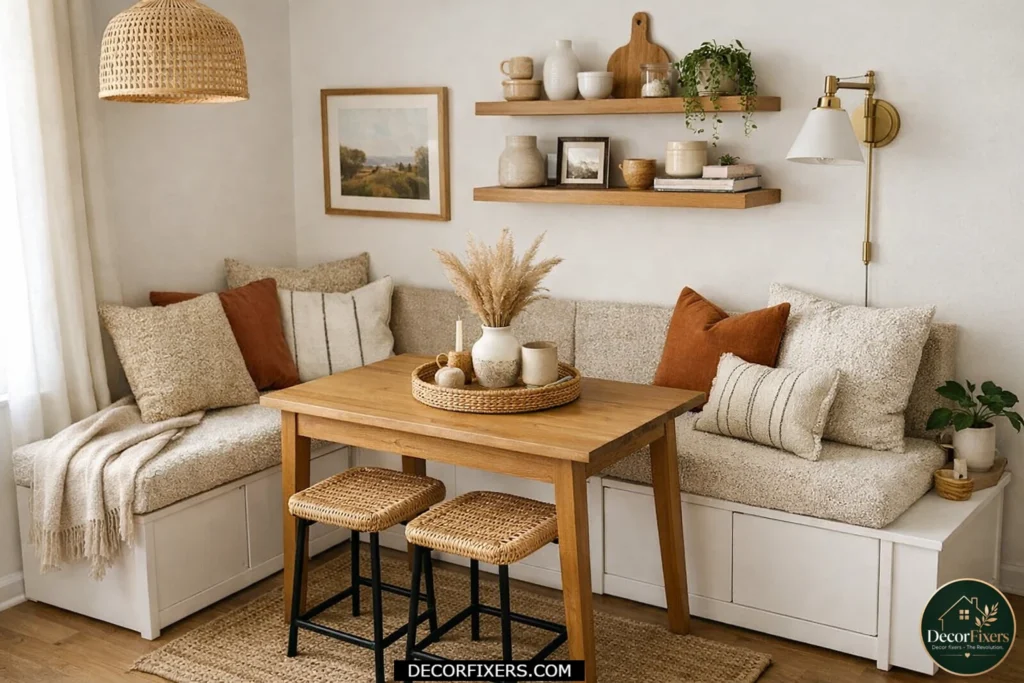 Rental-friendly small dining room with faux built-in banquette seating.