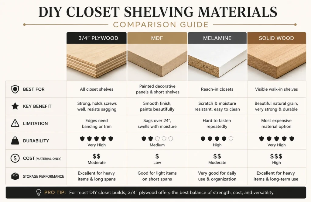 DIY closet shelving material comparison table showing plywood MDF melamine and solid wood

