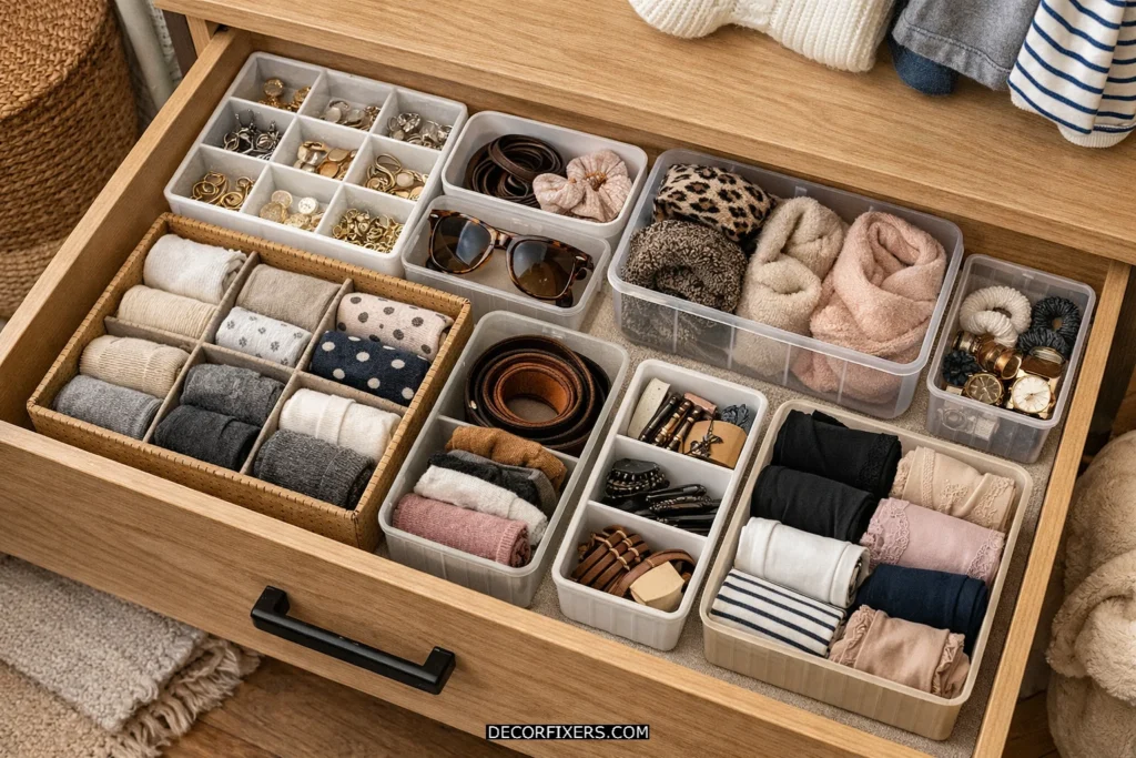 DIY drawer insert using craft organizer boxes.