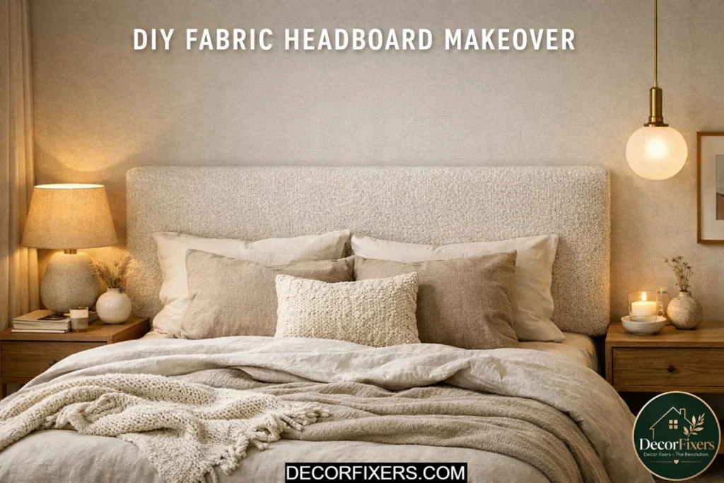 DIY upholstered fabric headboard making a bedroom look expensive on a budget