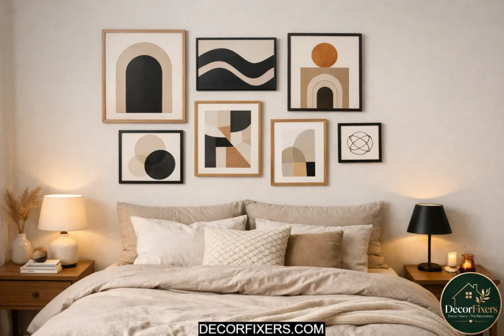DIY gallery wall with printable art in a renter-friendly bedroom setup