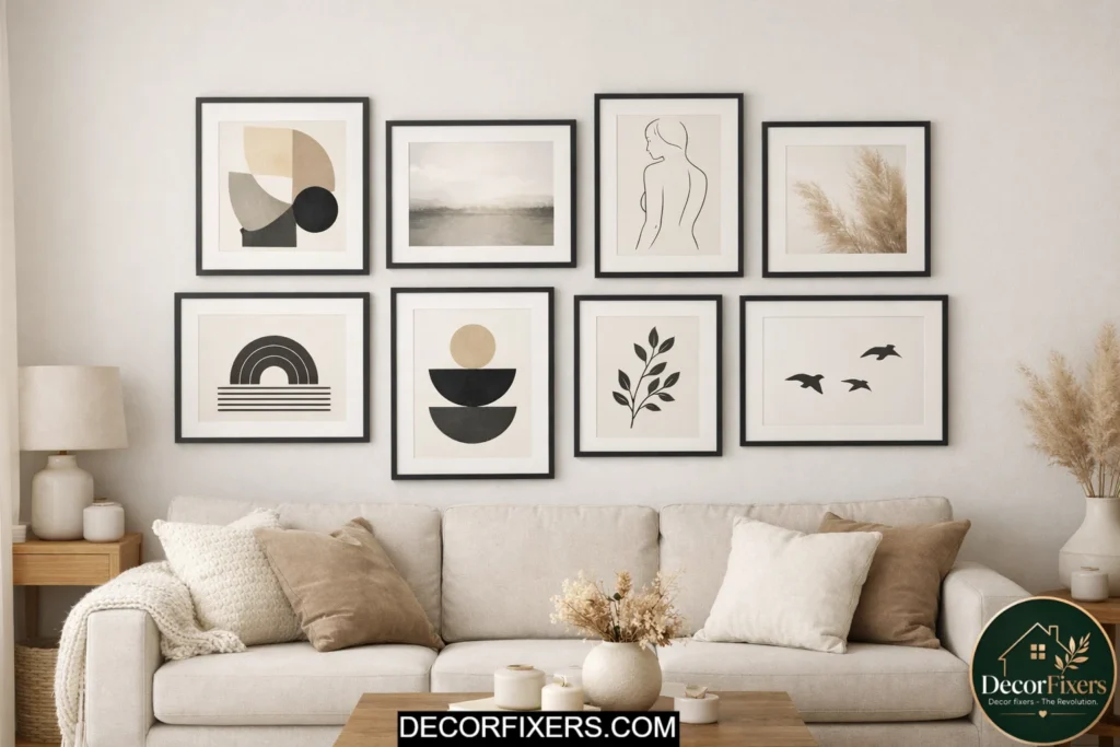 DIY gallery wall using printable art in black frames