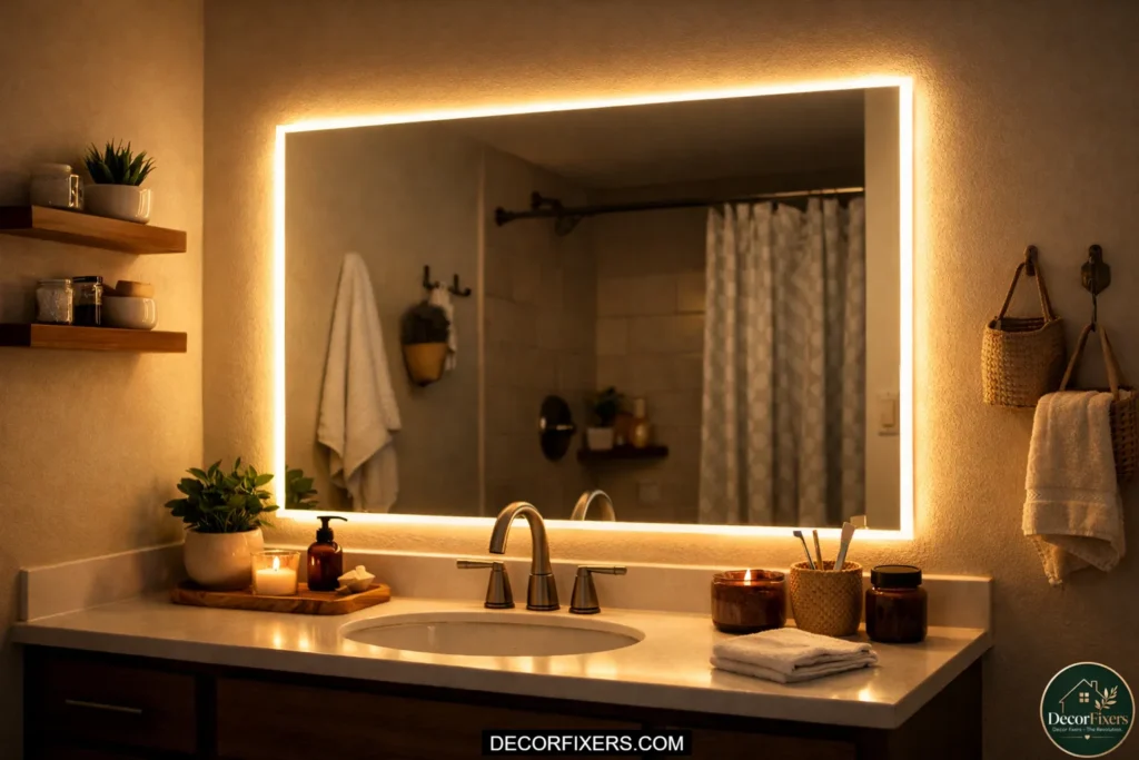 DIY LED strip lights around a bathroom mirror in a rental apartment