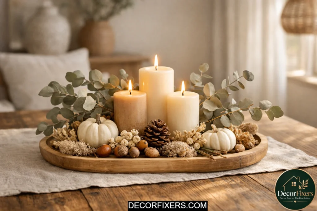 DIY dining table centerpiece made with dried eucalyptus and candles