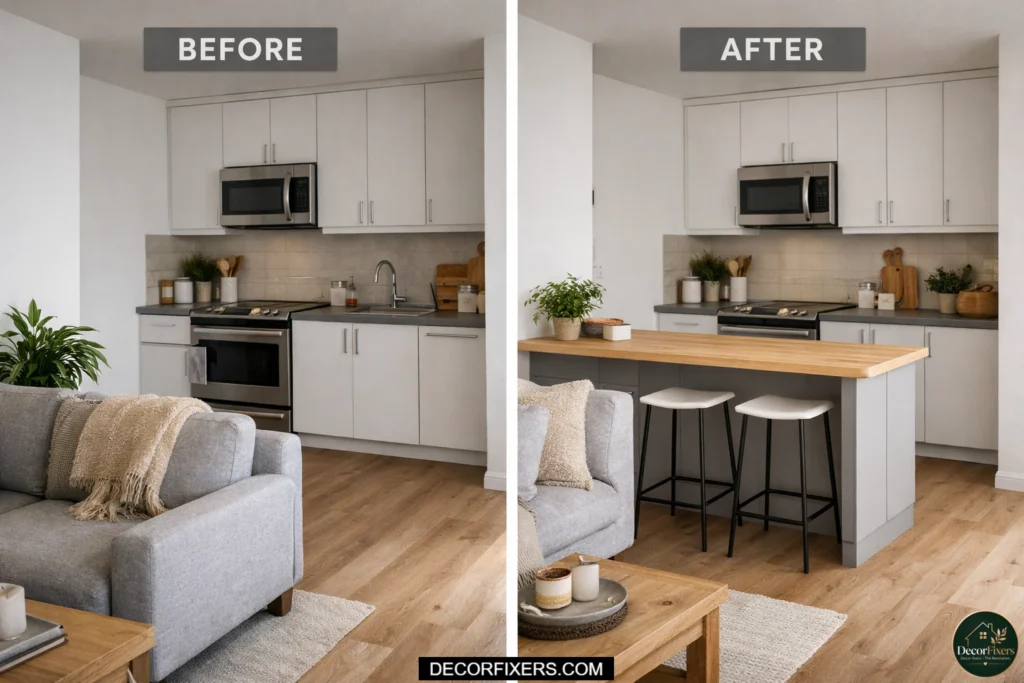 DIY peninsula dividing a compact open-plan kitchen and lounge