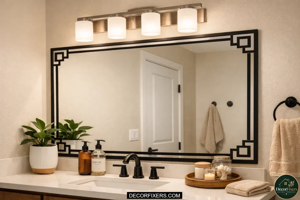DIY black vinyl trim framing a builder-grade bathroom mirror