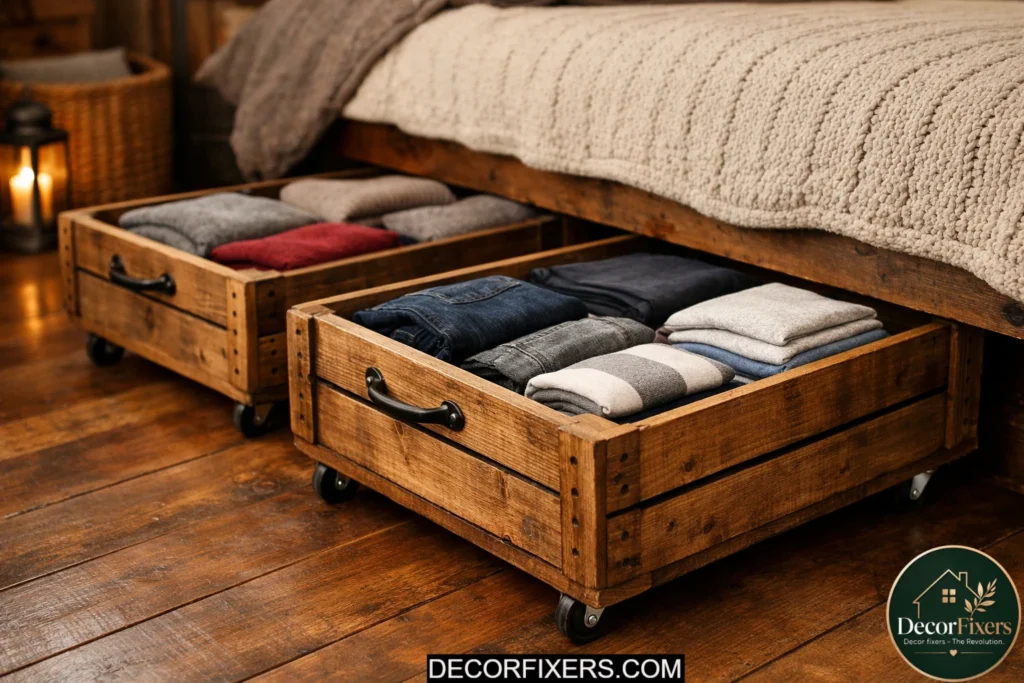 DIY wooden crate drawers used for underbed storage