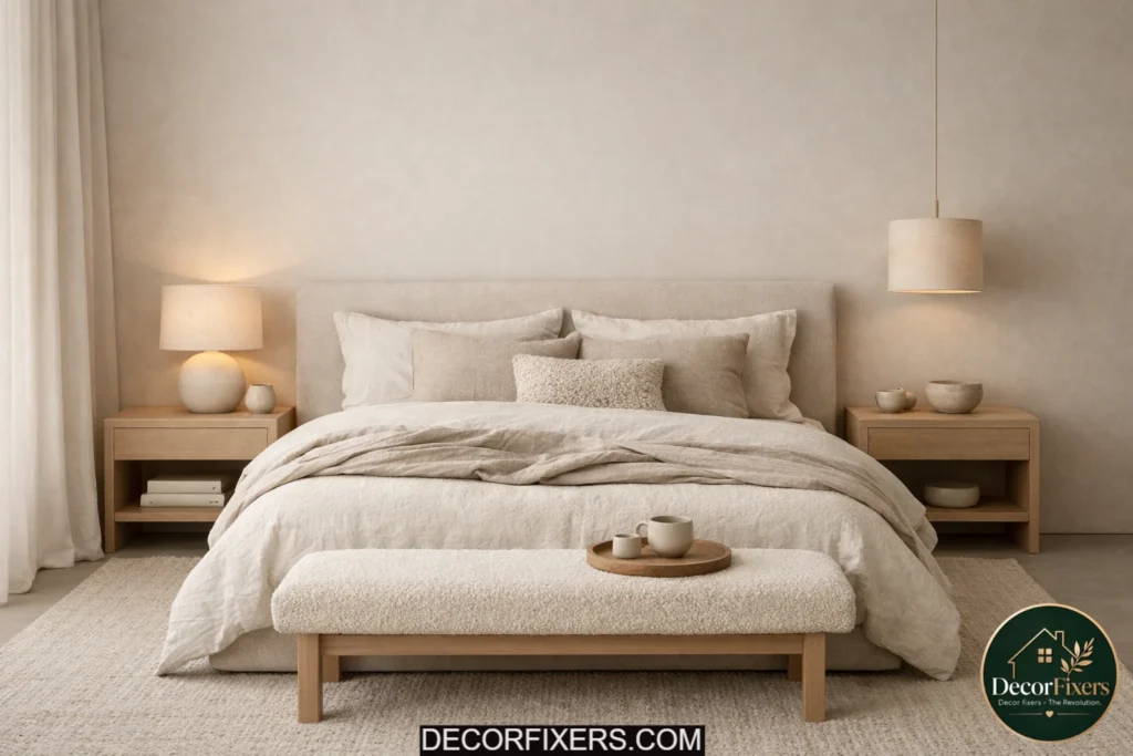 Warm greige minimalist bedroom with layered neutral textures and calm styling