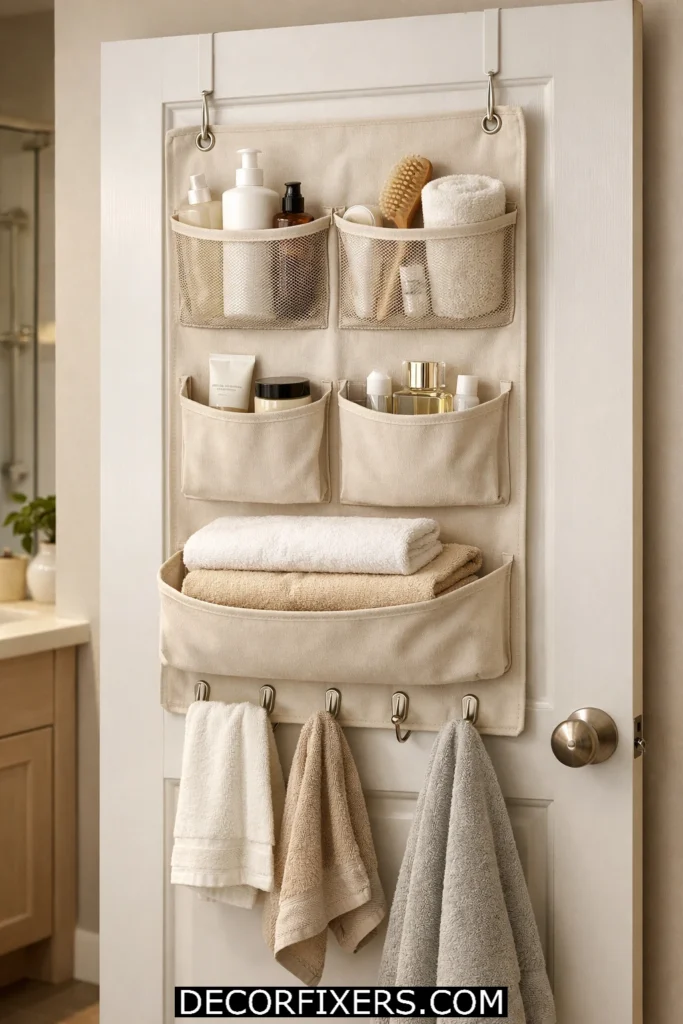 Door-back bathroom organizer with hanging pockets and towels maximizing compact bathroom storage space