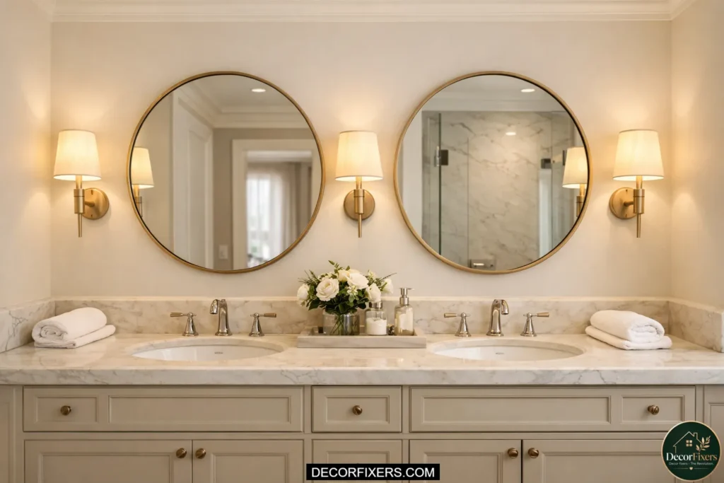 Double bathroom mirrors above a luxury double vanity setup