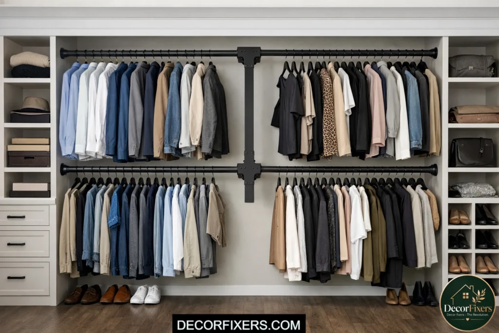 Double closet rods with center support bracket preventing sagging