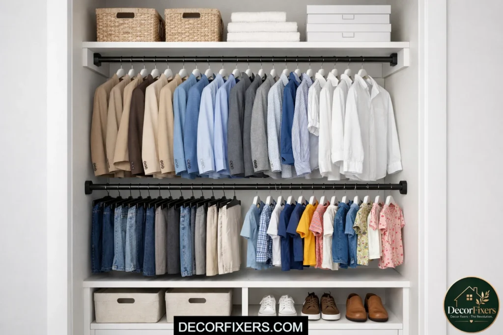 DIY double hanging closet rods for maximizing small closet storage space