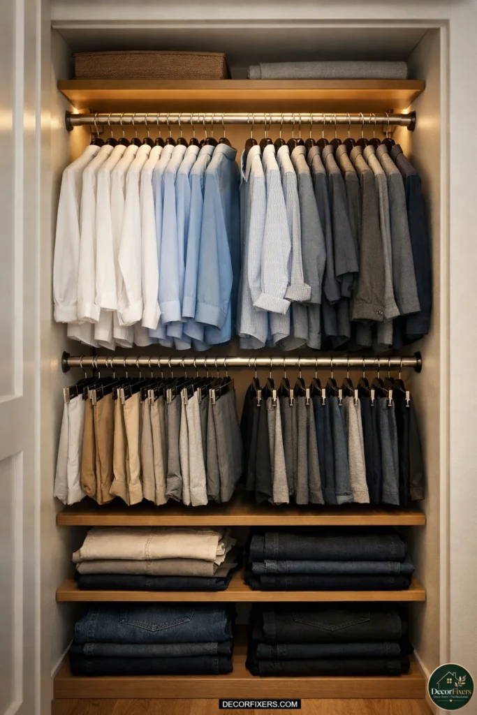 Tiny closet transformed with double hanging rods showing shirts organized on top and folded pants below using slim velvet hangers to maximize vertical storage