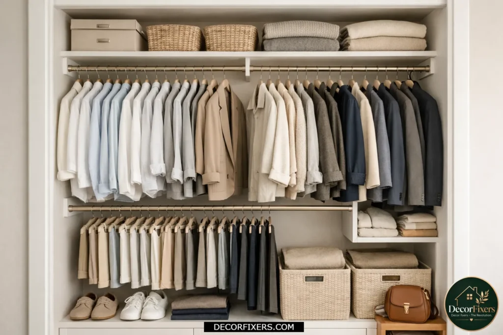 Bedroom closet with double hanging rods maximizing vertical storage space.