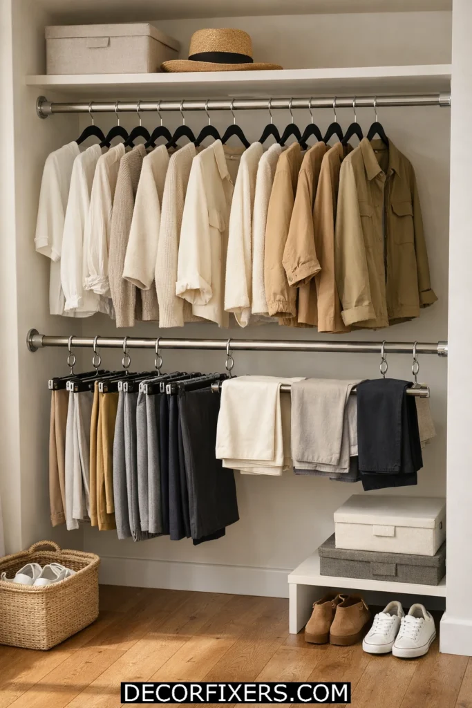 Double hanging rod setup in a small reach-in closet, maximizing vertical hanging space with renter-friendly hooks.