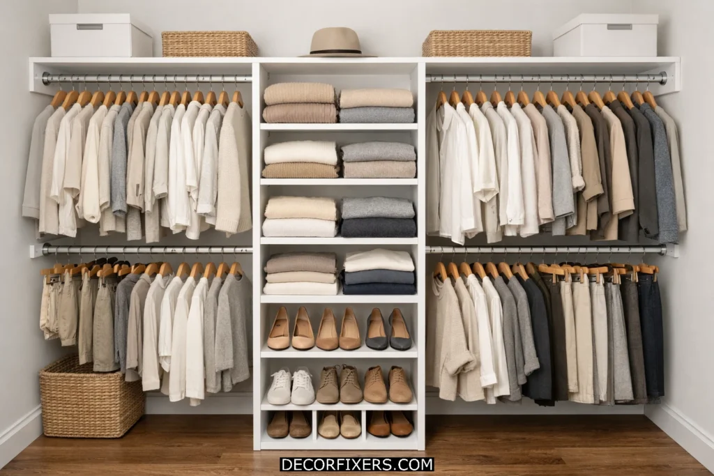 Double hanging rod closet system with center shelving tower for extra storage.