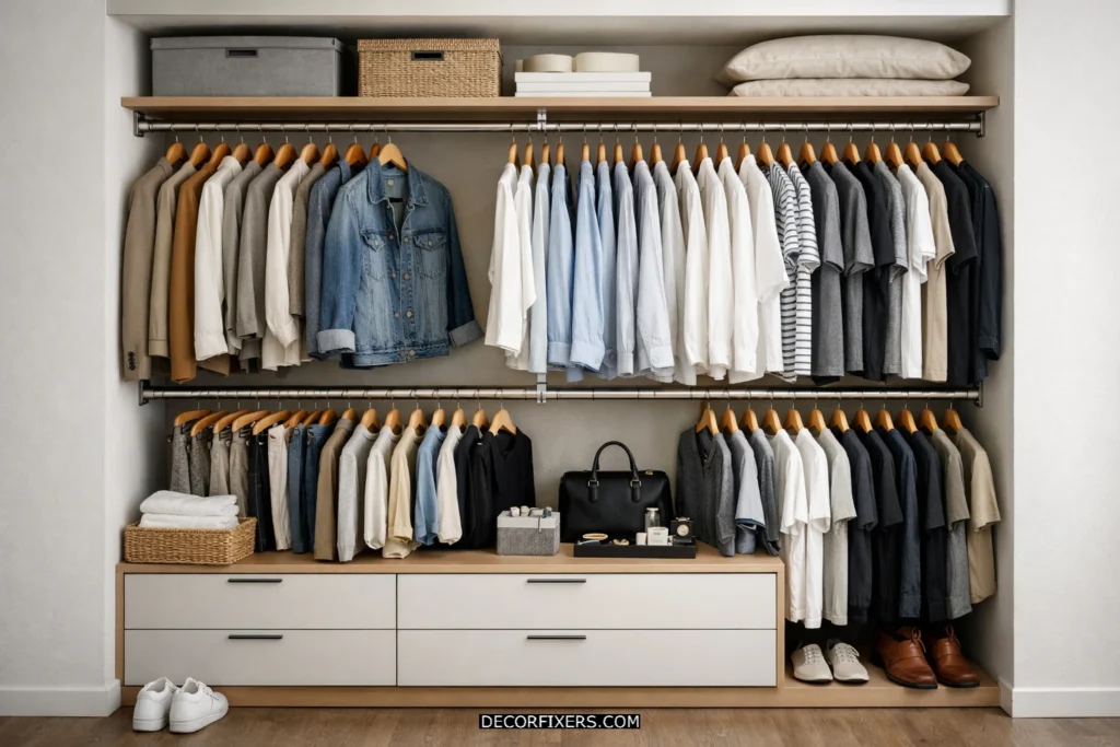 Double-rod closet setup with drawer storage below.