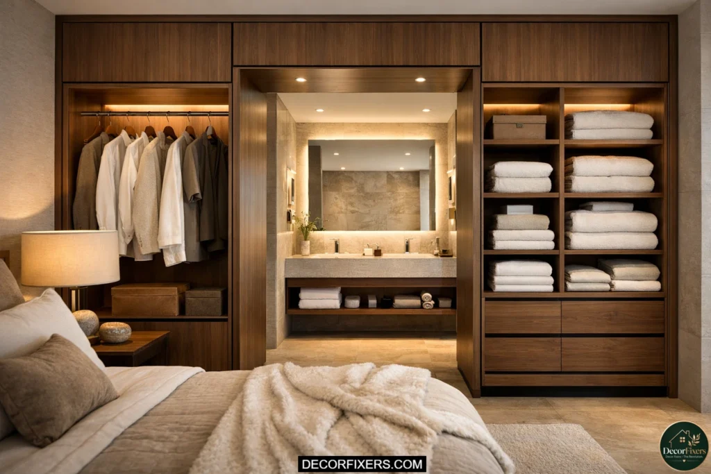 Double-sided wardrobe partition separating a bedroom and ensuite bathroom