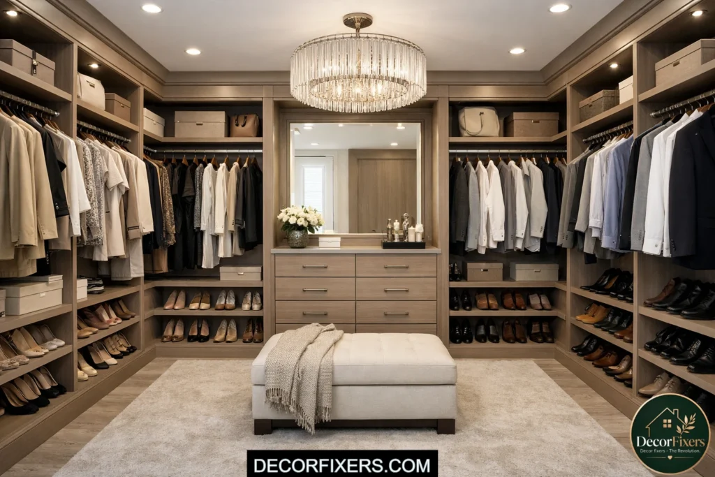 Walk-in closet organizer with hanging rods on both sides