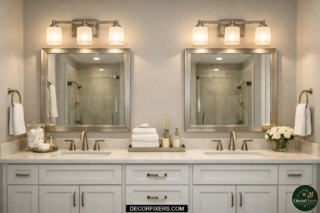 Double vanity bathroom with two matching vanity light fixtures.