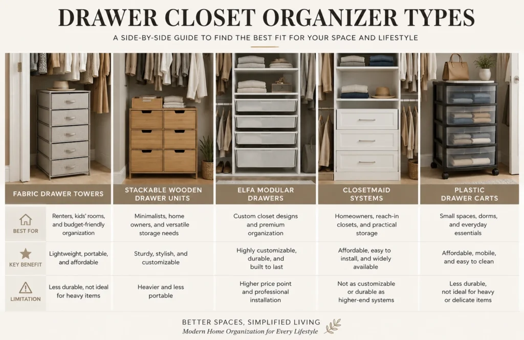 Comparison table showing different drawer closet organizer types and storage solutions.