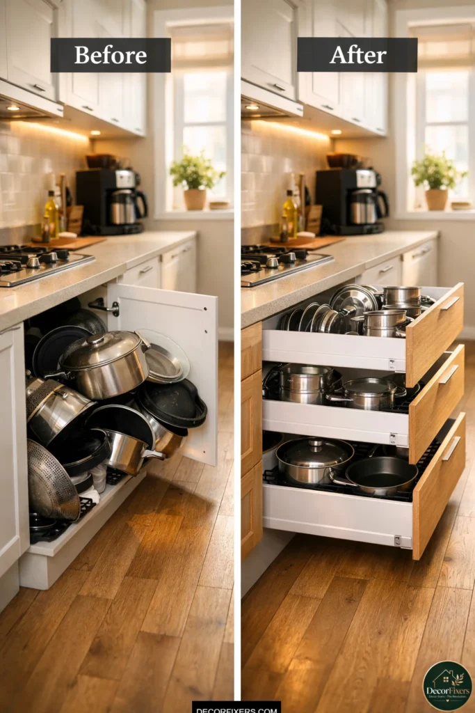 Deep drawer kitchen cabinet design for small apartment kitchens with organized lower storage