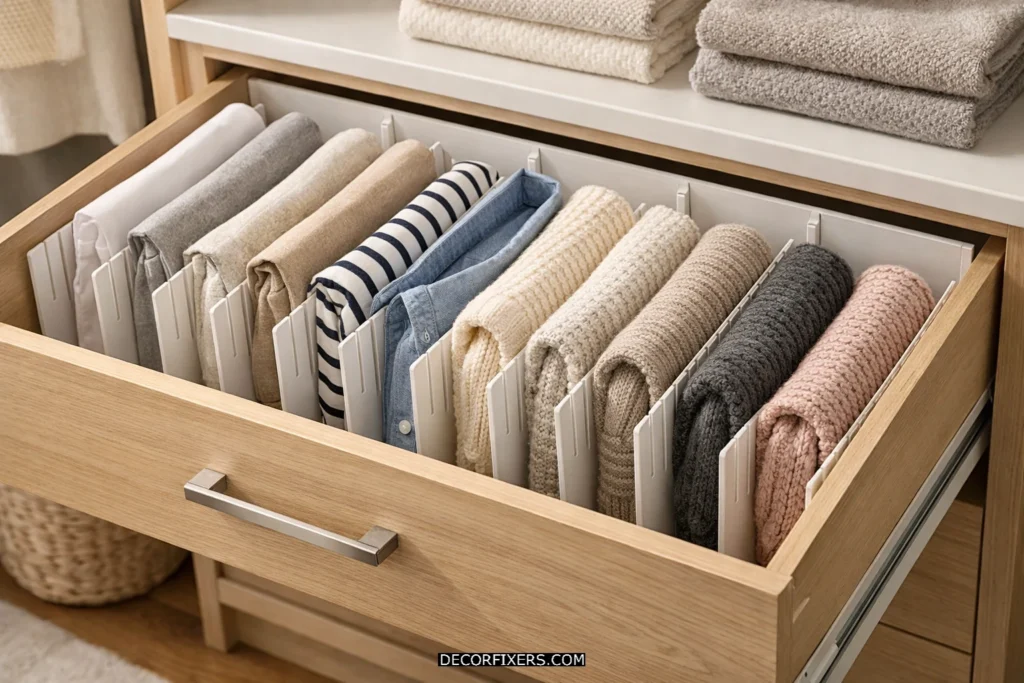 Drawer dividers organizing folded clothes neatly.