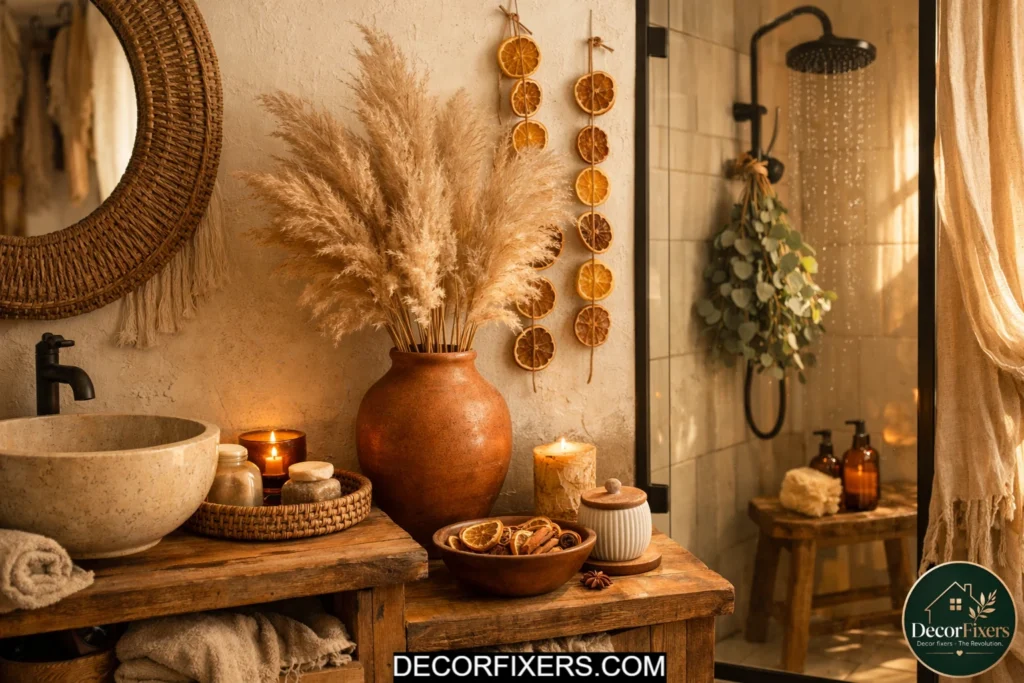 Pampas grass and dried eucalyptus adding earthy texture to a cozy boho bathroom