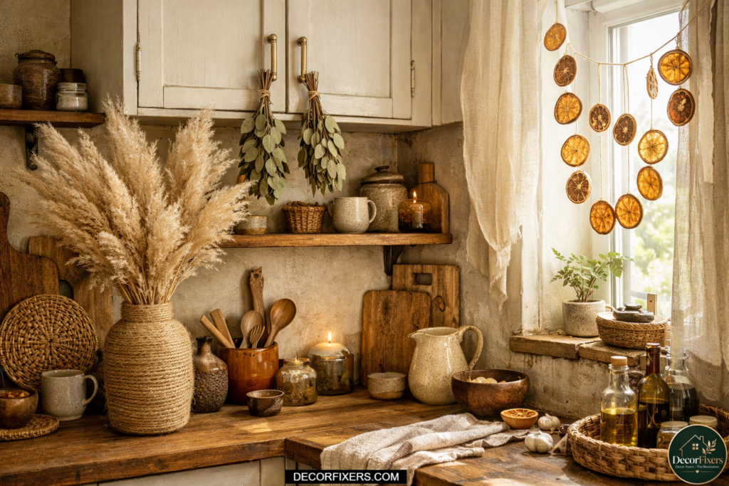 Pampas grass and dried eucalyptus styled in earthy boho kitchen decor arrangement