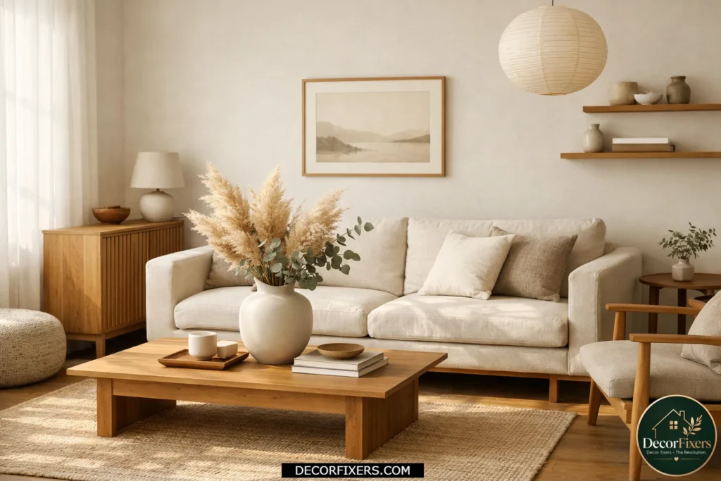 Japandi living room with dried botanical arrangements