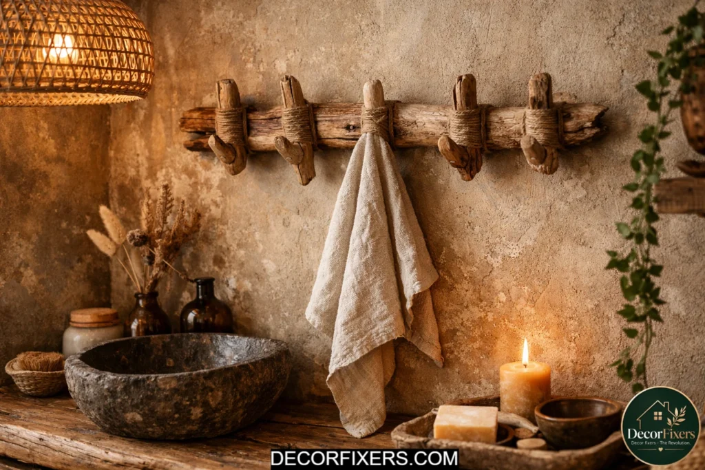 DIY driftwood towel hooks wrapped in jute twine inside a rustic boho bathroom