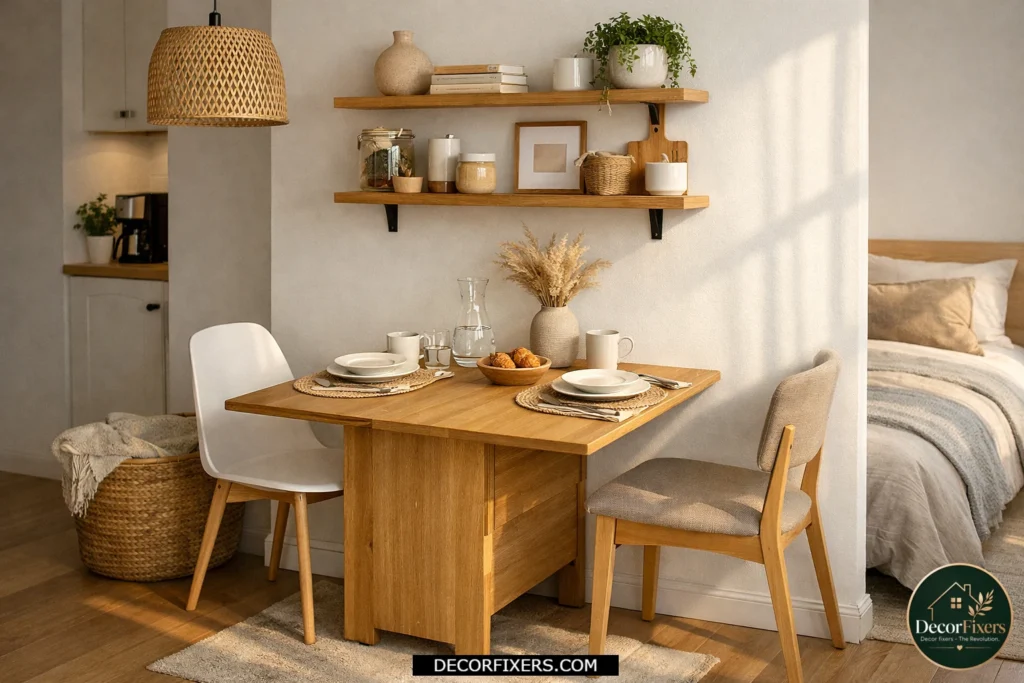 Drop-leaf dining table against the wall in a tiny apartment dining area.