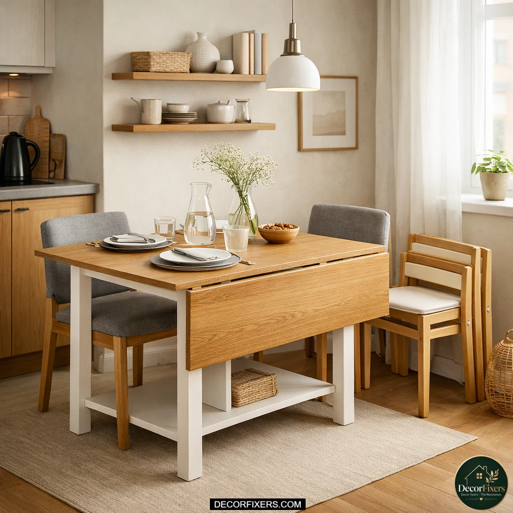 Extendable drop-leaf dining table for tiny apartment dining room